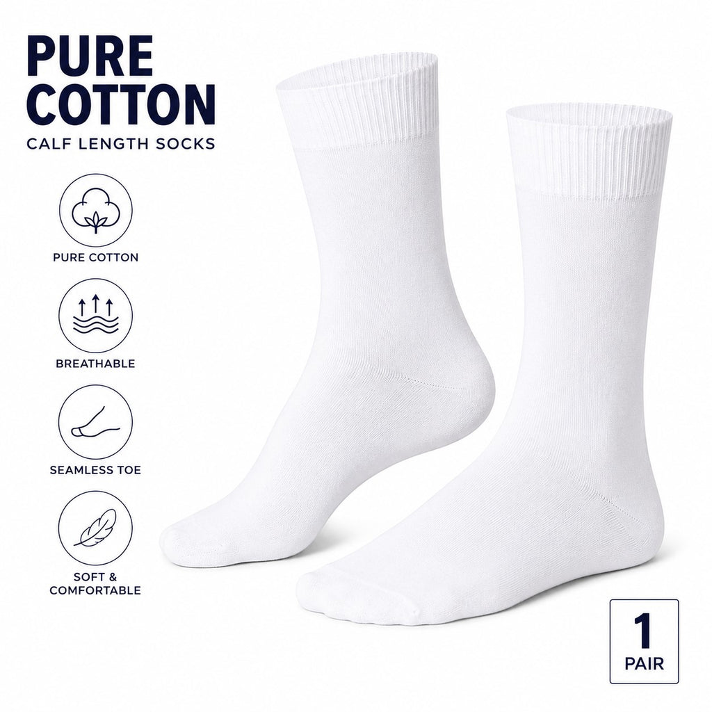Pure Cotton Seamless Calf Length White Socks
