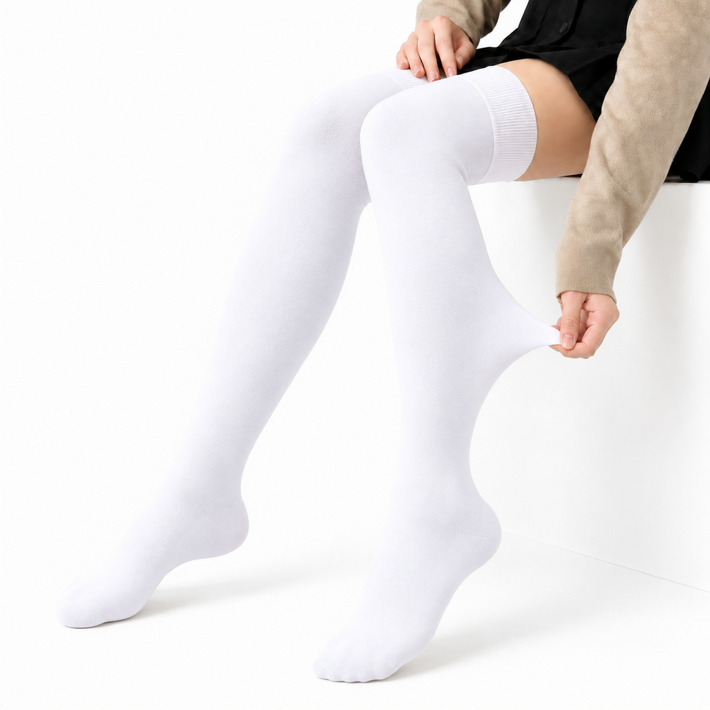 Terry Cotton Thigh High Length White Stockings