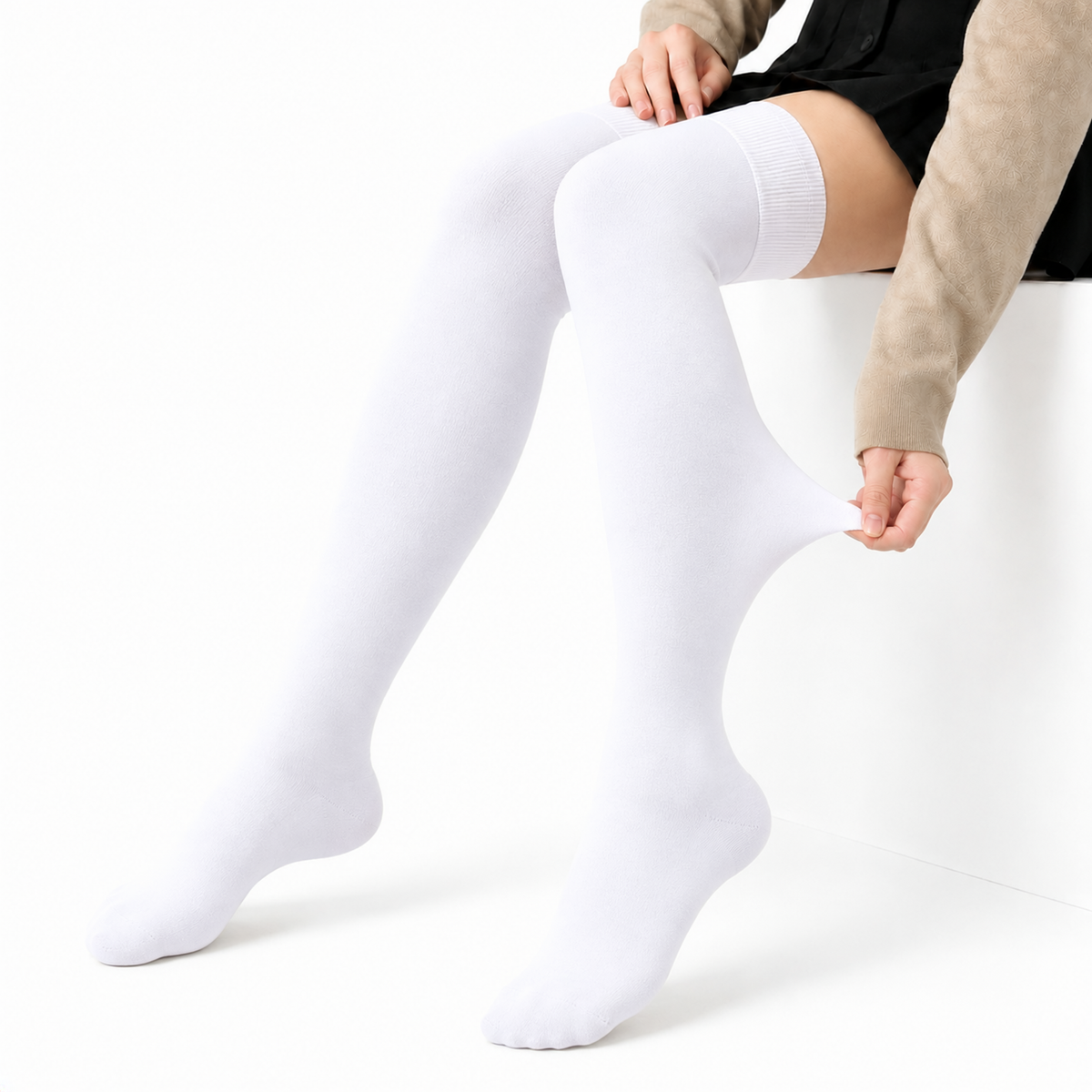 Terry Cotton Thigh High Length White Stockings