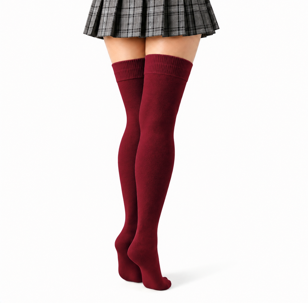 Terry Cotton Thigh High Length Wine Red Stockings