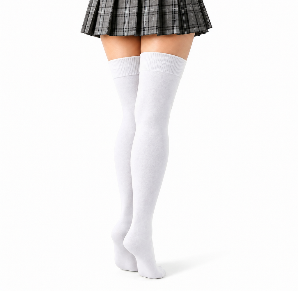 Terry Cotton Thigh High Length White Stockings