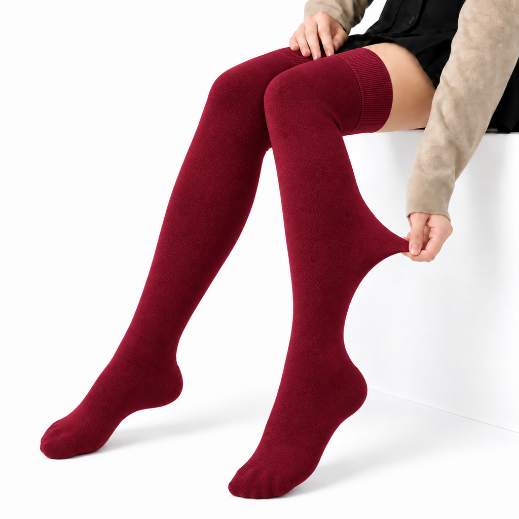 Terry Cotton Thigh High Length Wine Red Stockings