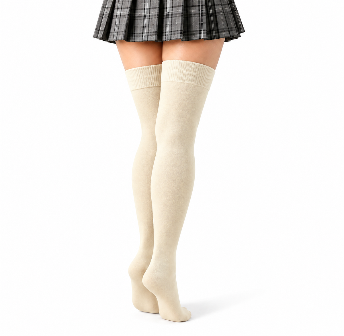 Terry Cotton Thigh High Length Cream Stockings