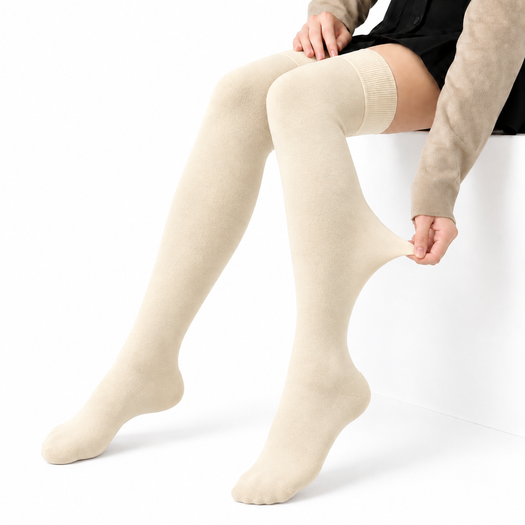 Terry Cotton Thigh High Length Cream Stockings