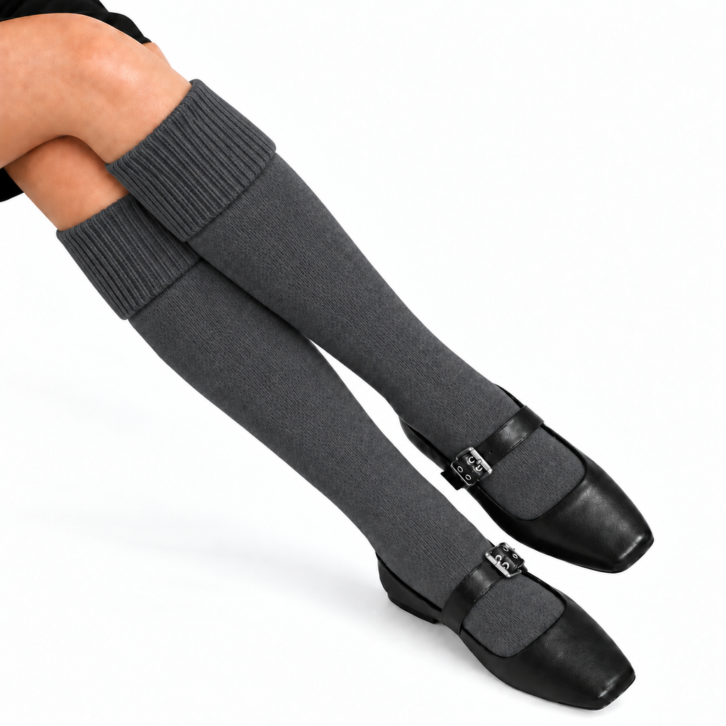 Terry Cotton Knee Length Dark Grey Long Socks