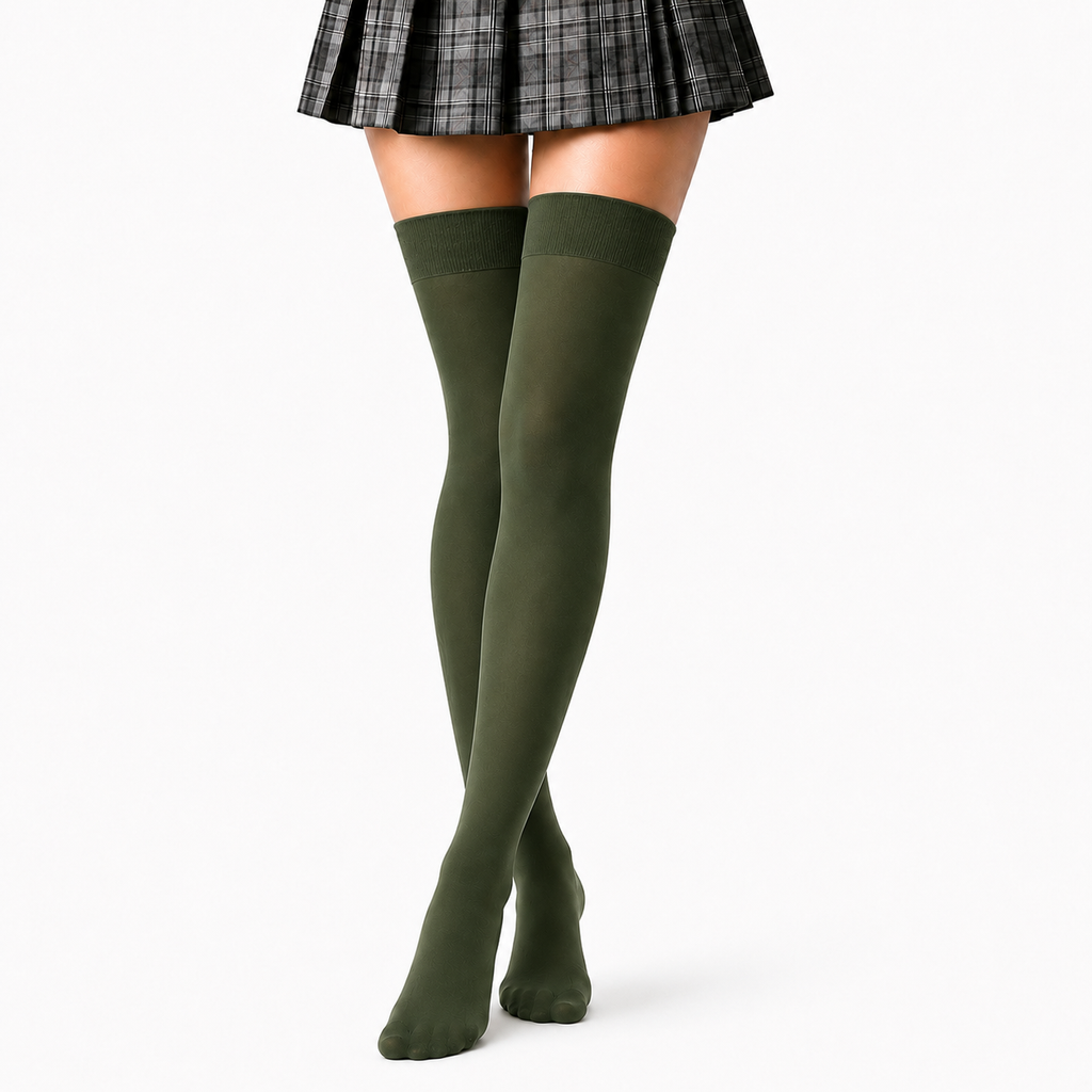 Stretch Fit Thigh High Length Dark Green Stockings