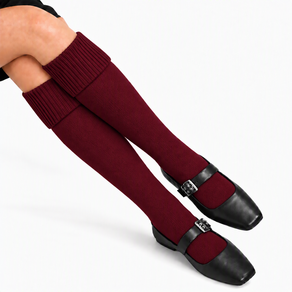 Terry Cotton Knee Length Wine Red Long Socks