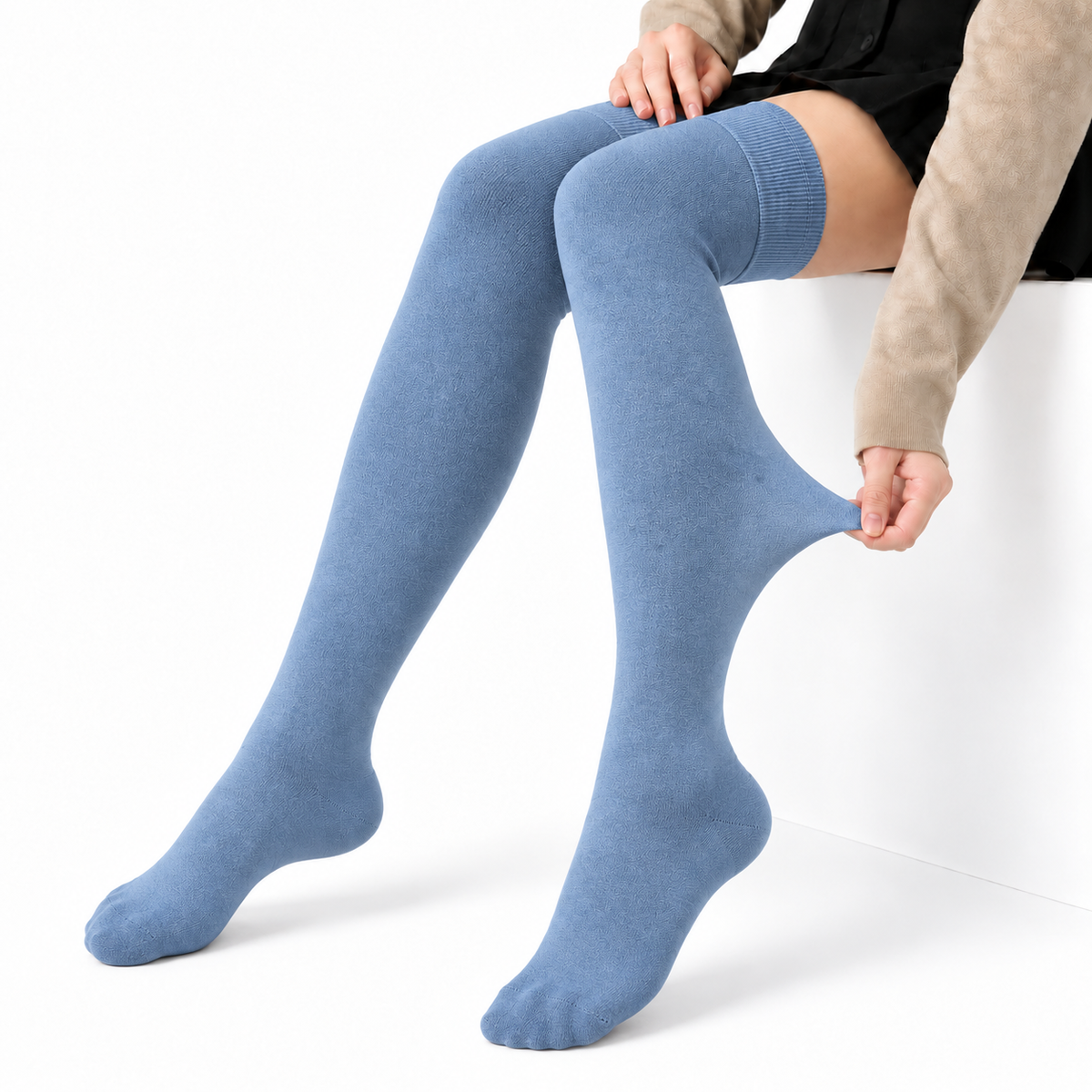Terry Cotton Thigh High Length Faded Blue Stockings
