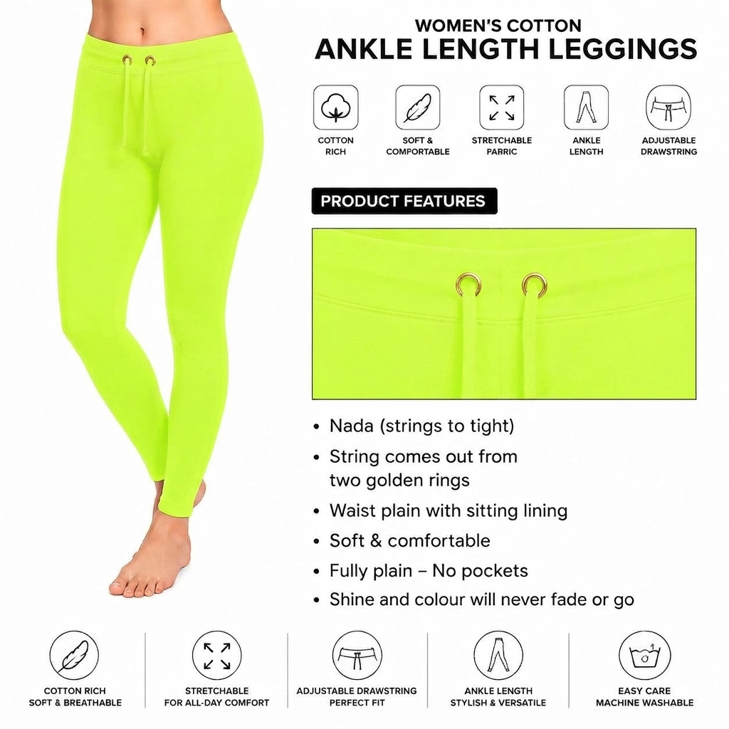 Neon Ankle Cotton Leggings With Drawstring