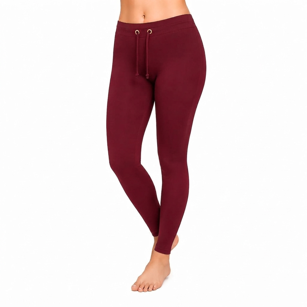 Wine Red Ankle Cotton Leggings With Drawstring
