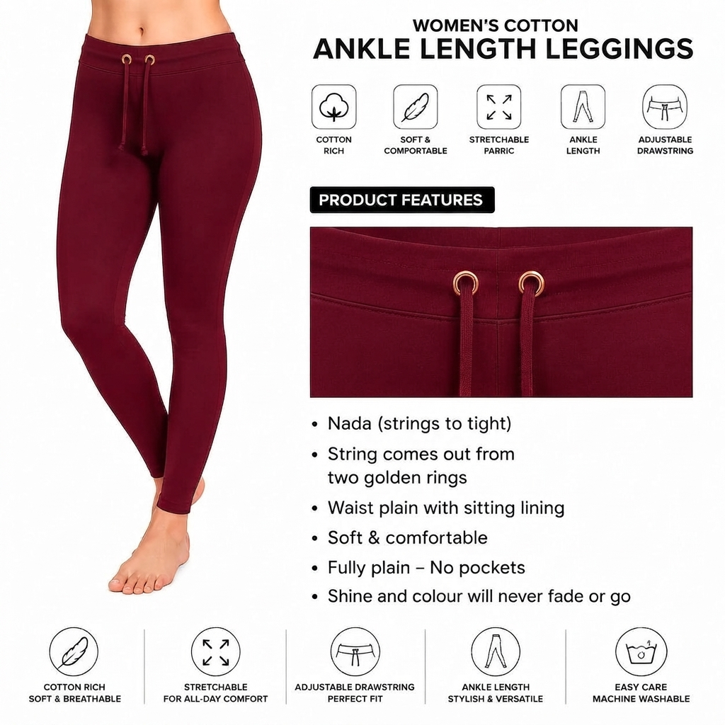 Wine Red Ankle Cotton Leggings With Drawstring