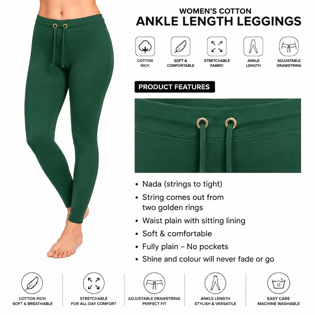 Green Ankle Cotton Leggings With Drawstring