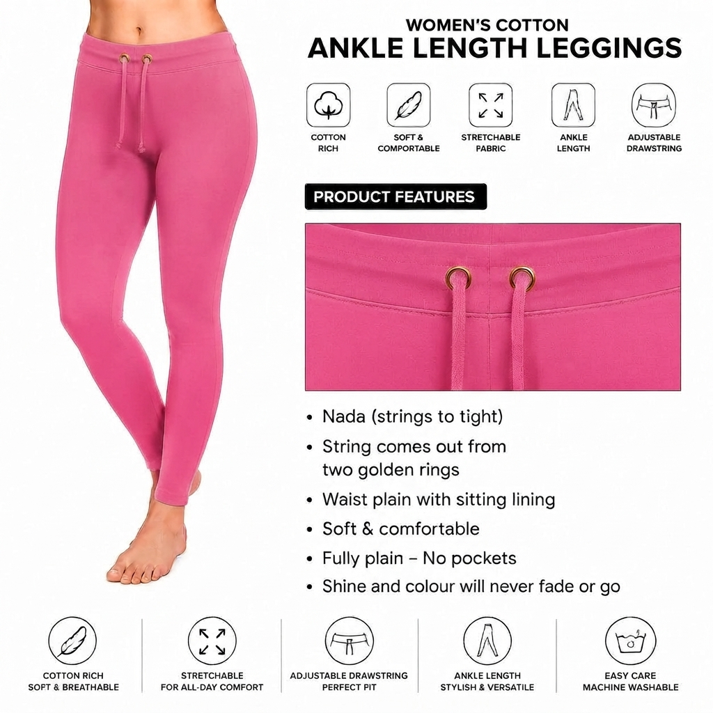 Pink Ankle Cotton Leggings With Drawstring
