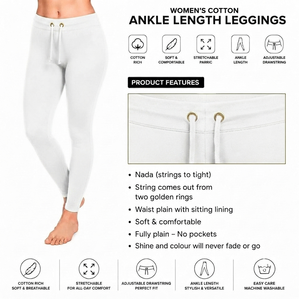 White Ankle Cotton Leggings With Drawstring