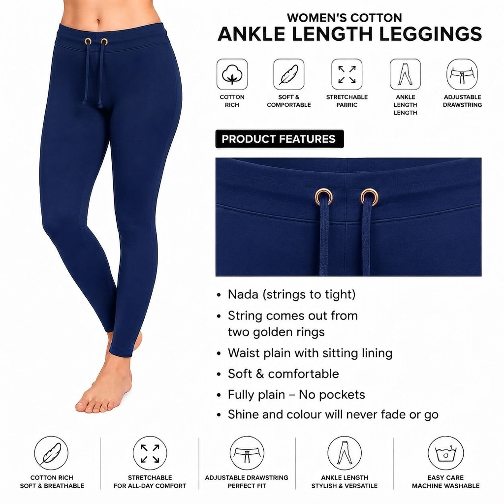 Navy Blue Ankle Cotton Leggings With Drawstring