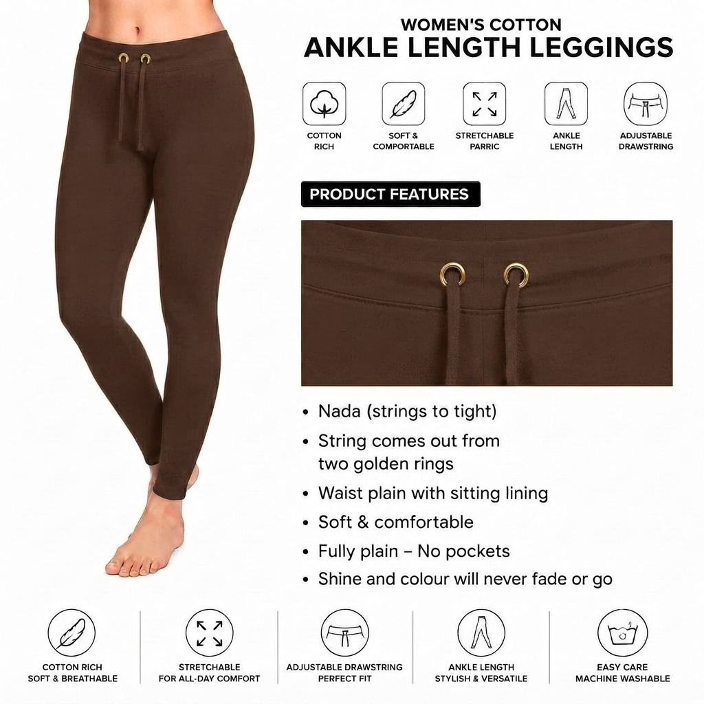 Brown Ankle Cotton Leggings With Drawstring