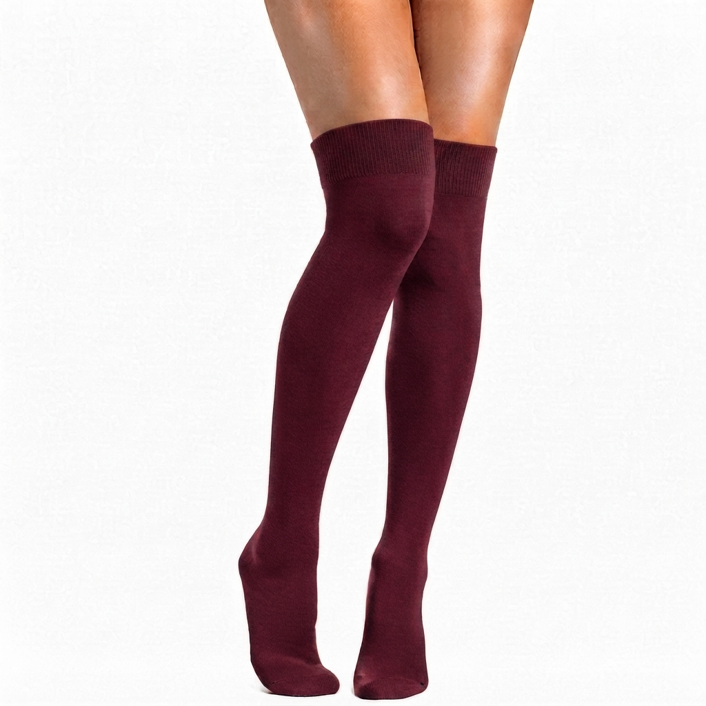 Wine Red Knee Length Cotton Socks Non Terry
