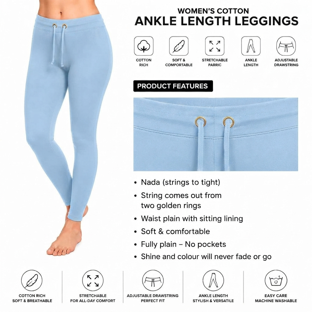 Light Blue Ankle Cotton Leggings With Drawstring