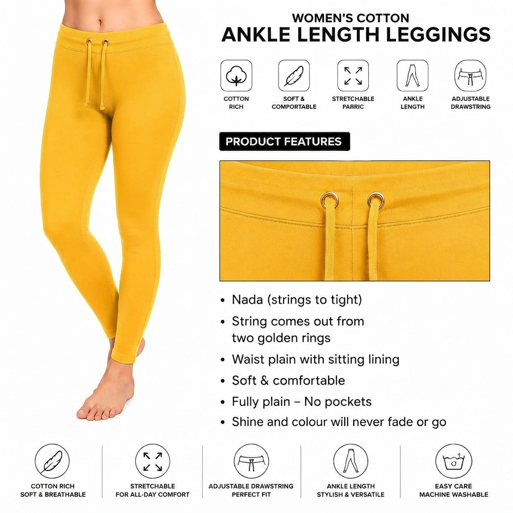 Yellow Ankle Cotton Leggings With Drawstring