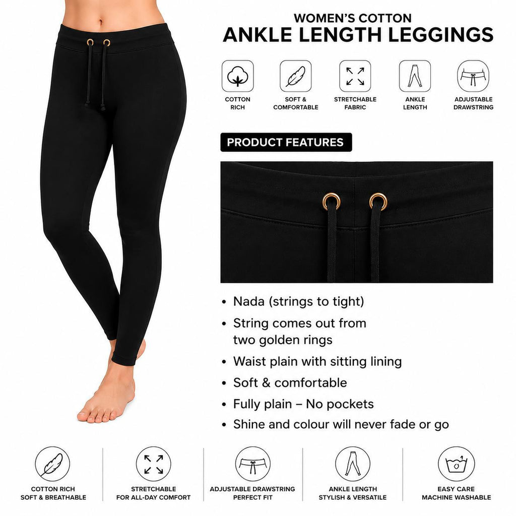Black Ankle Cotton Leggings With Drawstring
