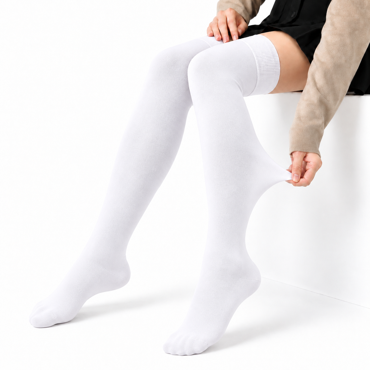 Stretch Fit Thigh High Length White Stockings
