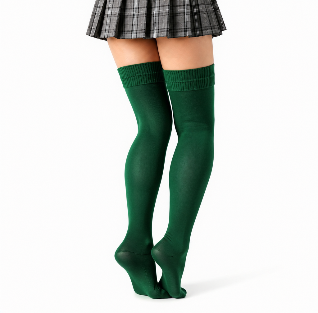 Terry Cotton Thigh High Length Dark Green Stockings
