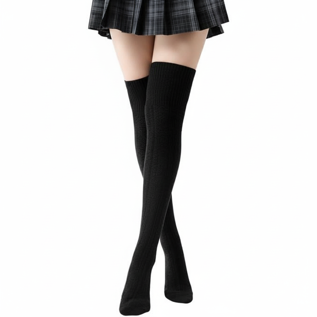 Womens Thigh High Black Cotton Stockings